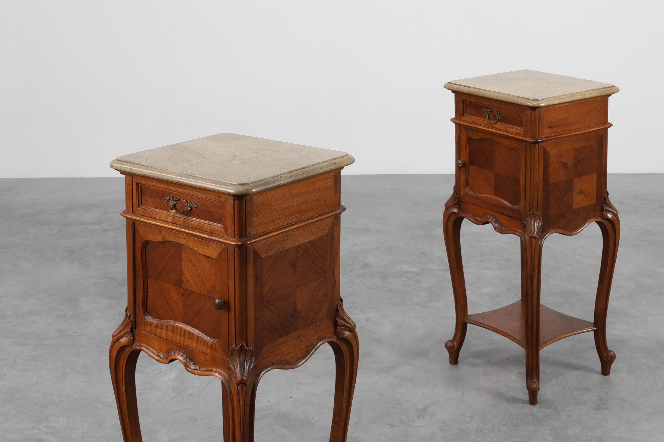 Pair Louis XV‑Style Nightstands with Marble Tops, France ca. 1900thumbnail